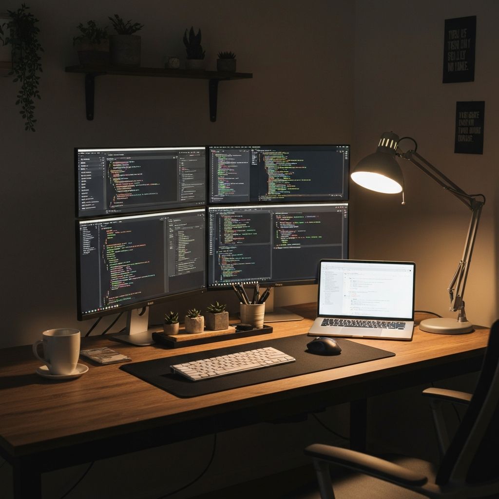 Nowoczesne stanowisko pracy programisty z wieloma monitorami